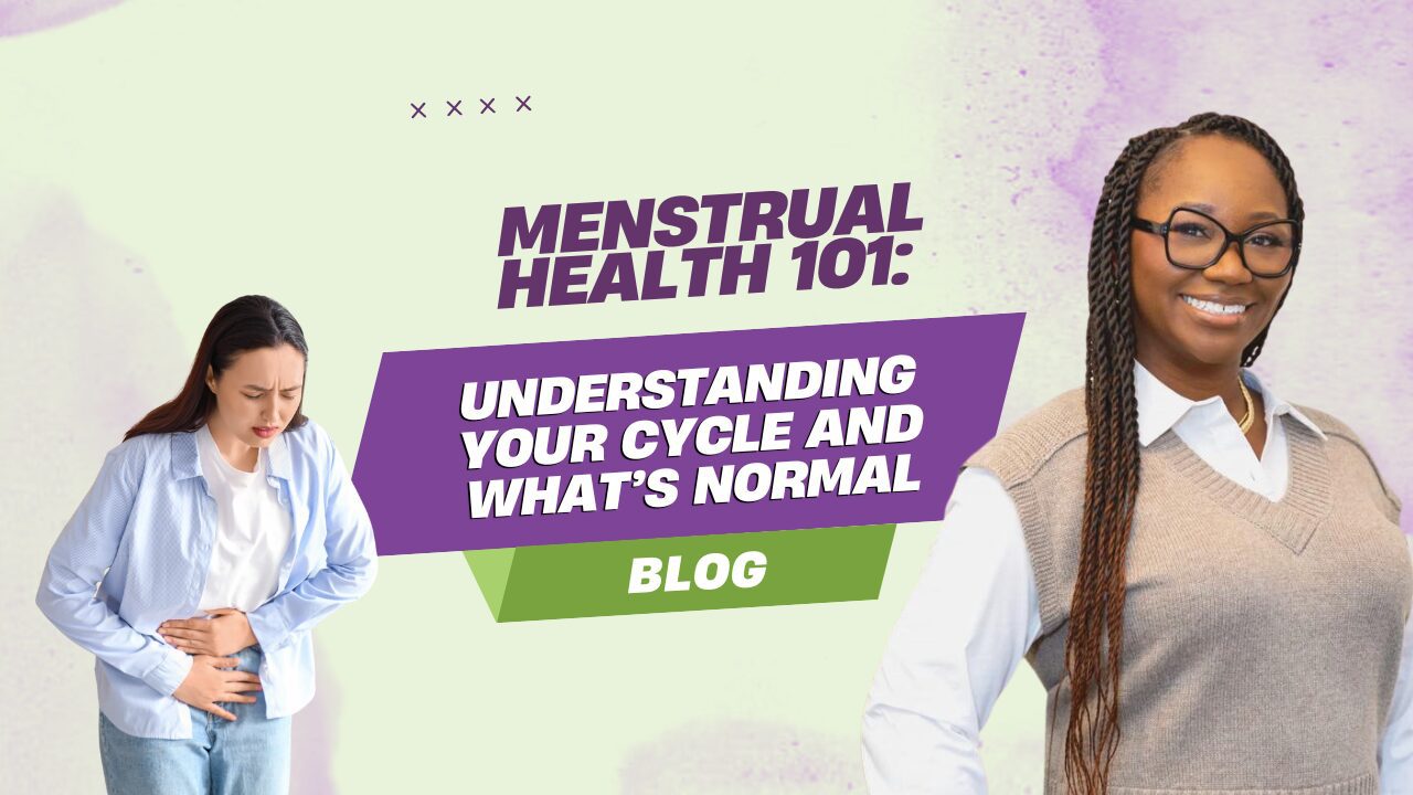Menstrual health header with woman clutching abdomen
