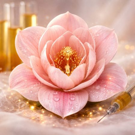 Pink lotus with syringe and golden vials
