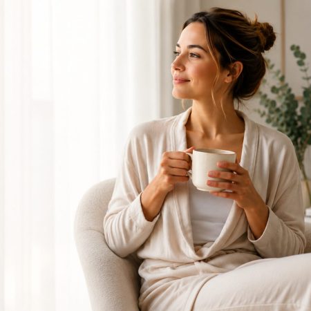 Smiling woman holding mug, relaxing at home